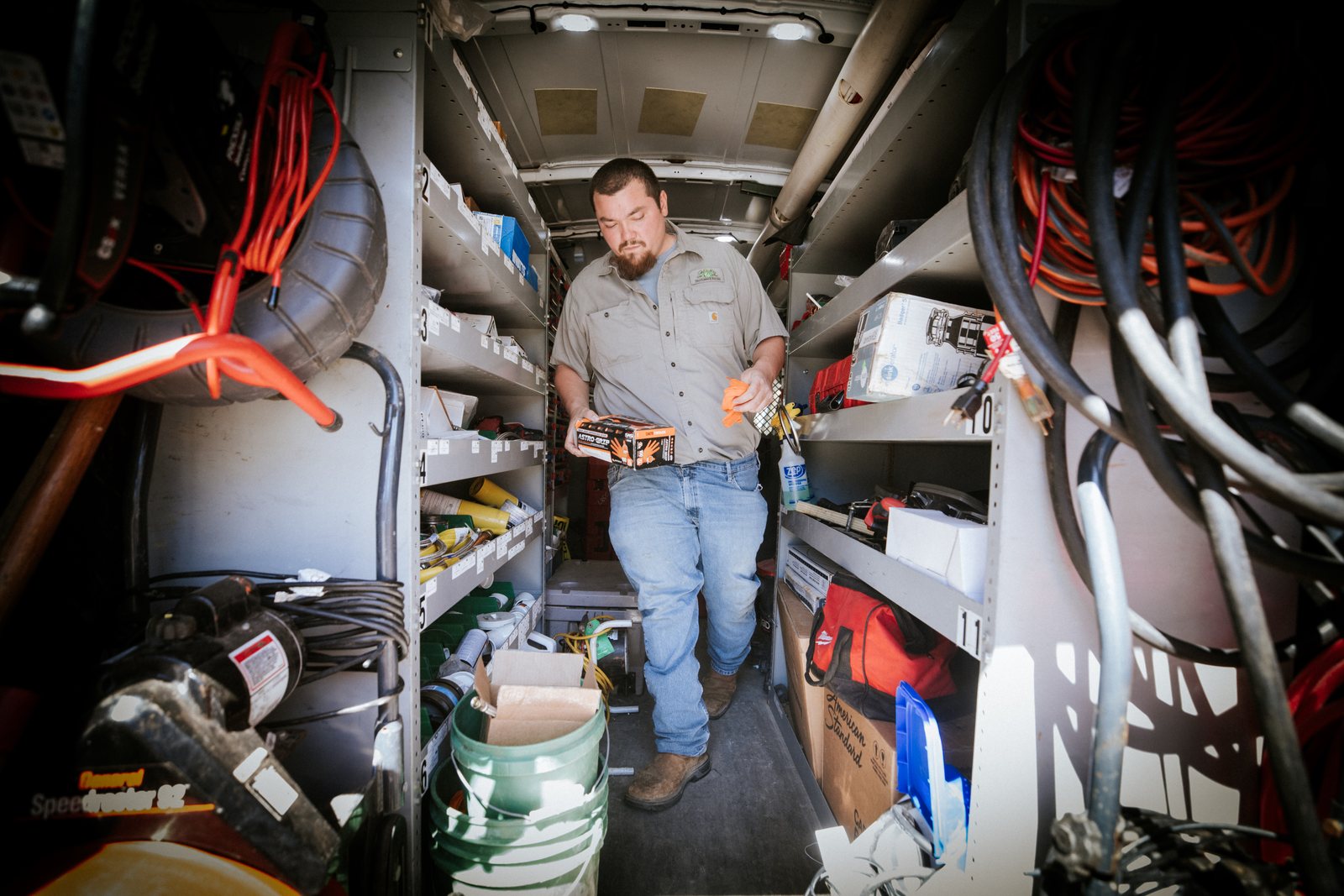 Inside a fully stocked Tioga Plumbing service van