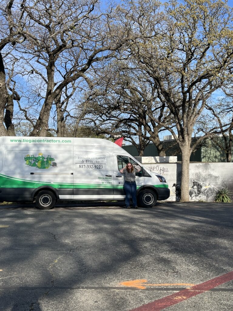 One of the Tioga Plumbing & Drain vans in Arlington Texas at Top O' Hill Terrace