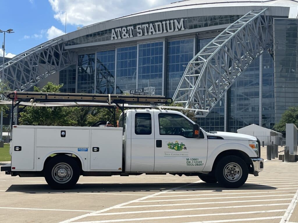 Tioga Plumbing & Electric service truck at AT&T Stadium in Arlington Texas
