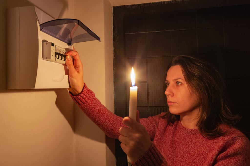 A woman turns on automatic fuses during an electric power outage at home, indicating the need to call a professional electrical contractor.