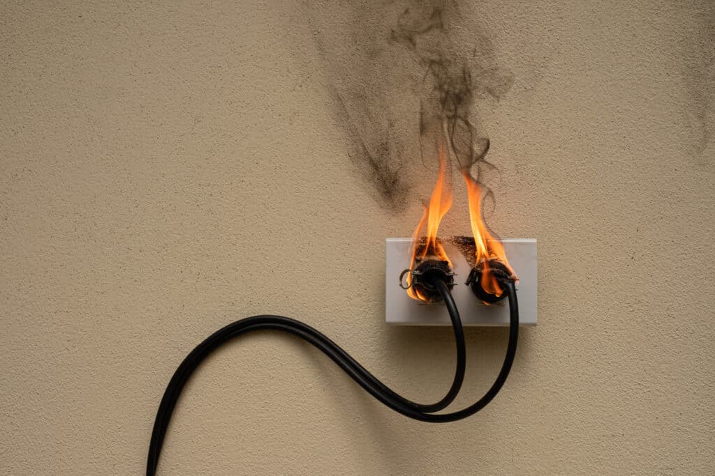 An electric wiring fire hazard: plug receptacle ablaze against a concrete wall background.